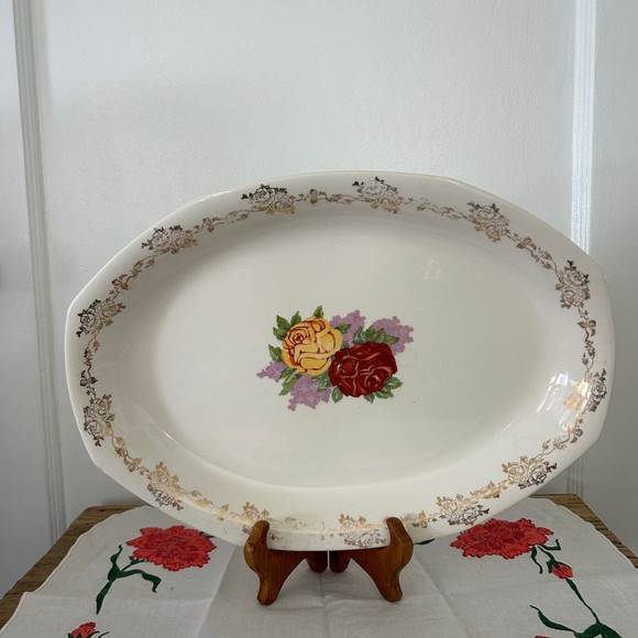 Vtg Homer Laughlin Republic Rose Oval platter Gold gilded 1926 Grandmillennial - Picture 2 of 7